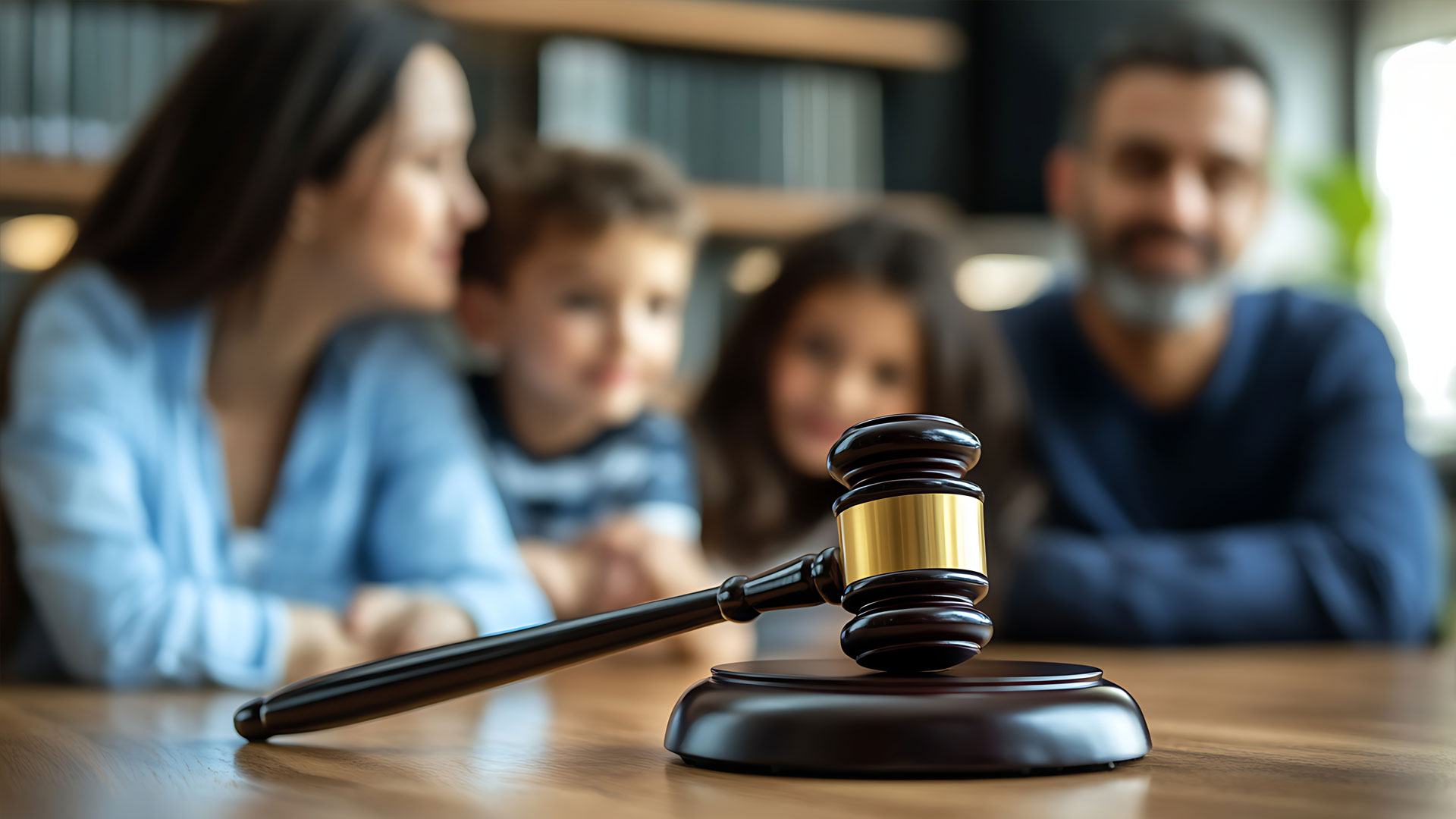 Areas of Practice: Family Law Areas of Practice: Family Law | Close-up of a gavel on a table, with a blurred background of a smiling family, suggesting legal protection or family law.