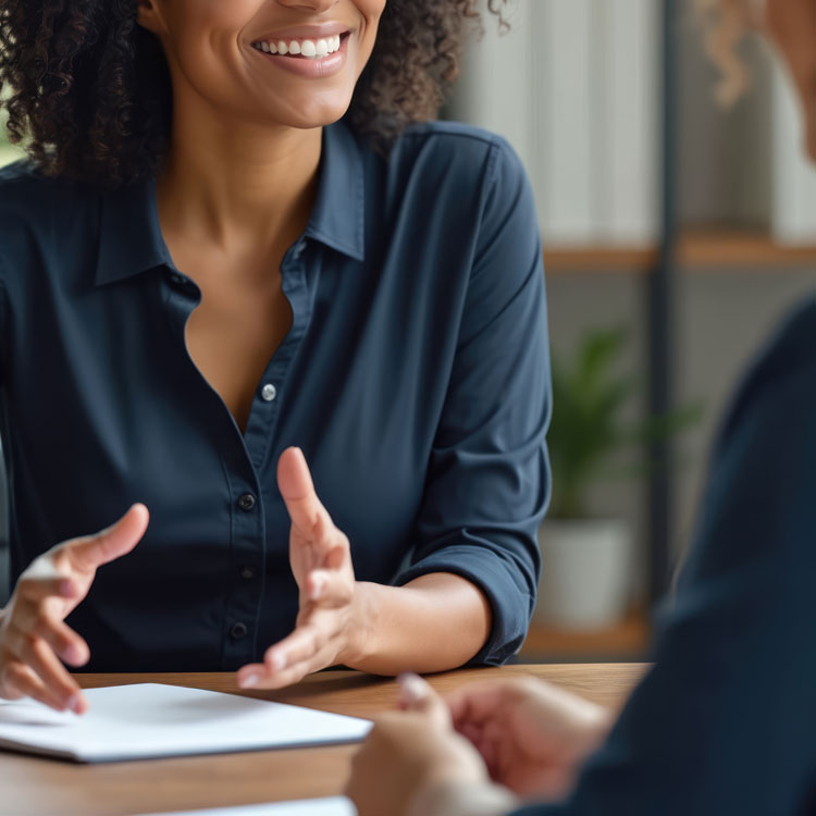Resources | Frequently Asked Questions:A woman in a blue shirt smiles warmly while gesturing during a conversation, creating a welcoming and engaging atmosphere in an office setting.