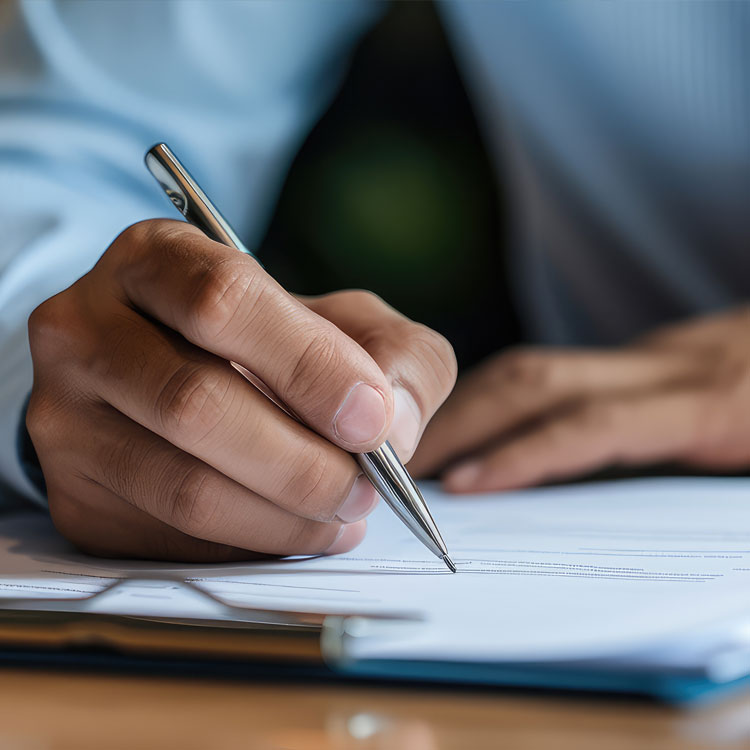 Resources | Financial Affidavit: A hand in a blue shirt writes with a silver pen on a document. The mood is focused, emphasizing professional or legal paperwork.