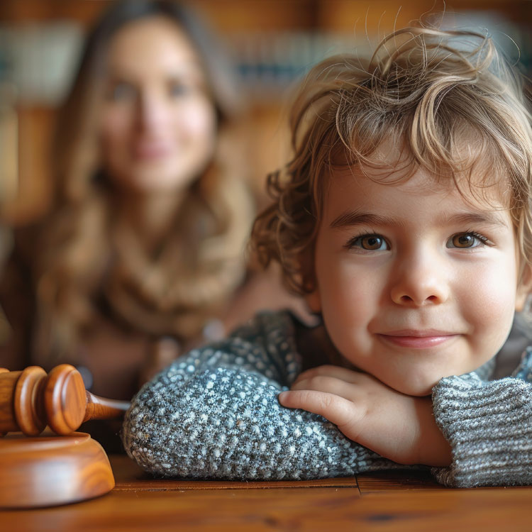 Resources | How to Get Child Support: Young child with curly hair smiling and resting on folded arms at a wooden table, with a gavel nearby. A woman is blurred in the background. Warm and cozy ambiance.