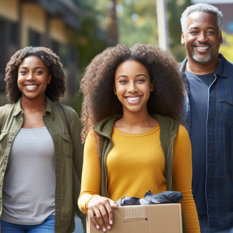 Proposed Parenting Plan | Smiling family of three with diverse individuals walking outdoors, the central figure holds a box, conveying a sense of happiness and togetherness.