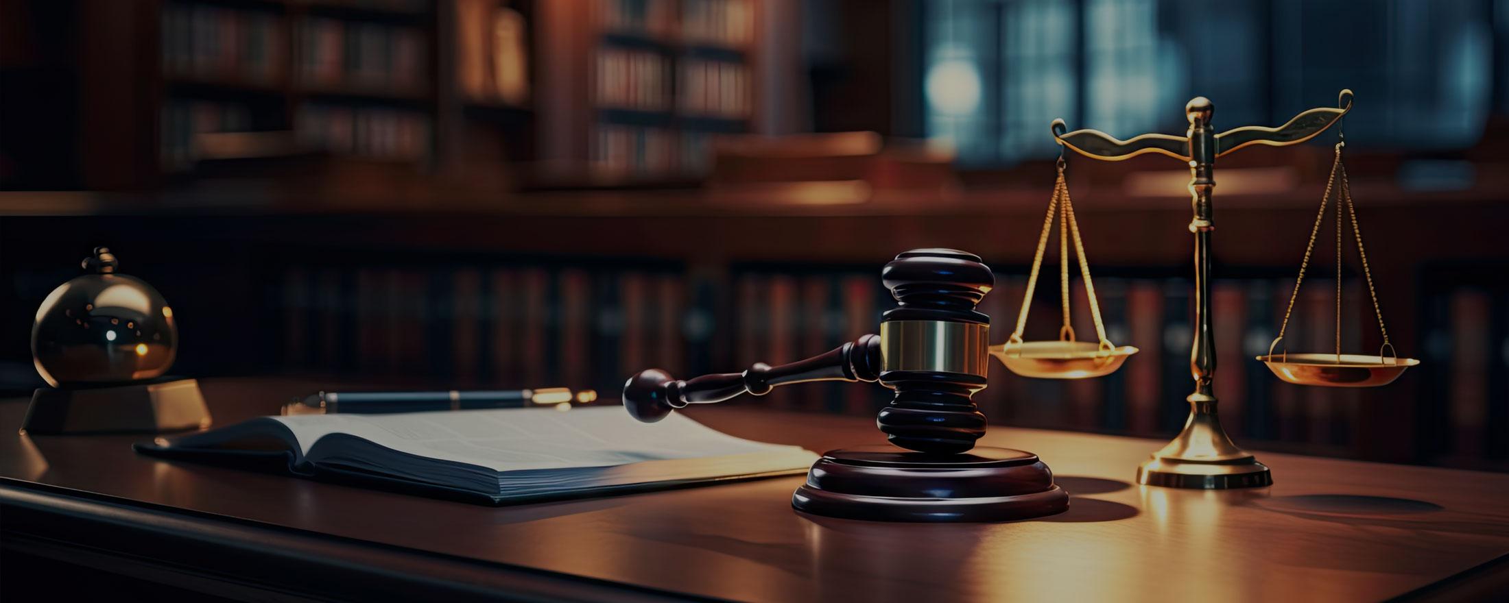 Resources: Gavel on a wooden desk beside an open notebook and scales of justice in a law library backdrop.